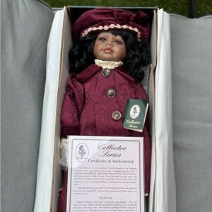 Collector Porcelain Doll Burgundy Outfit Original Box Collector Series NEW